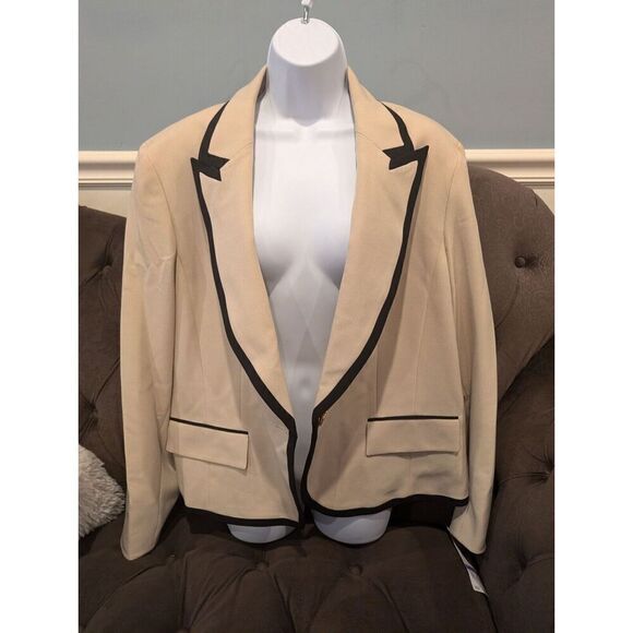 LE SUIT Women Contrast Trim Notch Collar One-Button Blazer Jacket Light Brown 18 - Picture 1 of 14